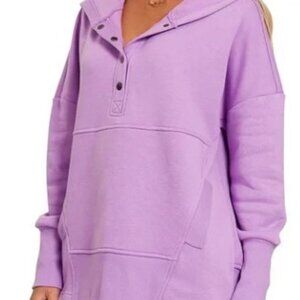 New Zenana Lavender Snap Button Henley Oversized Hooded Sweatshirt Hoodie Large